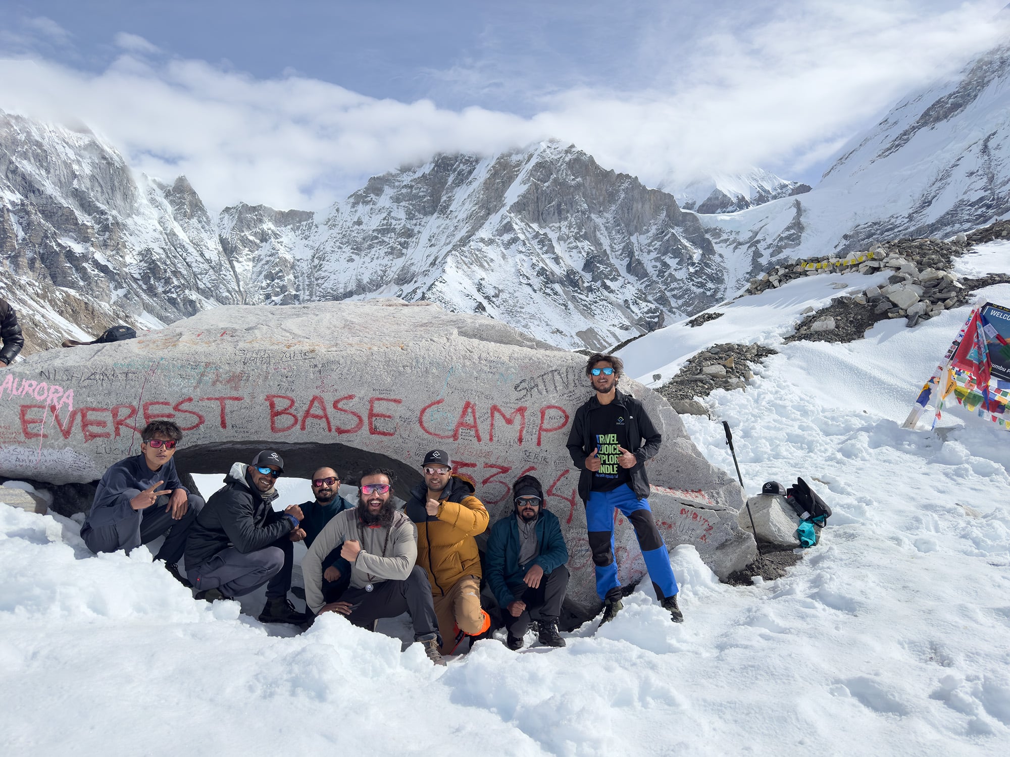 Guests of Trek 8586 at Everest Base Camp, capturing the excitement and triumph of reaching one of the world's most iconic trekking destinations in the Himalayas.
